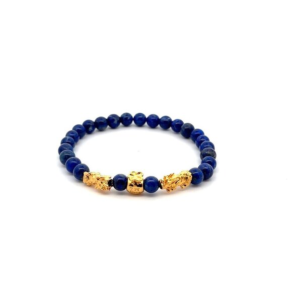 18K Gold Pixiu Double Piyao Money Bag Charm Bracelet Birthstones Gemstone Lapis